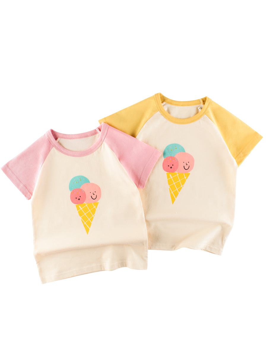 Ice-Cream Cartoon Print Girls’ T-Shirt In European And American Style For Summer-0