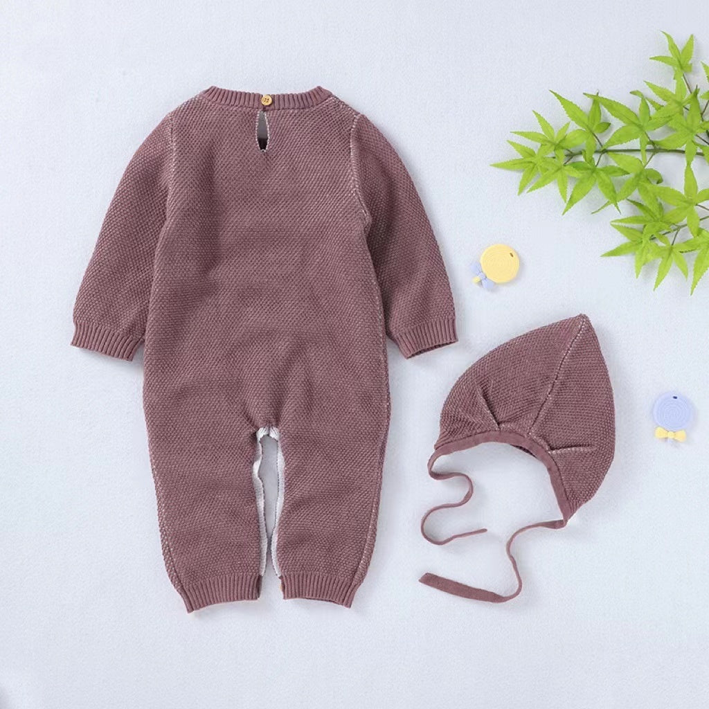 Baby Cartoon Bunny Embroidered Graphic Solid Warm Rompers With Hat-4
