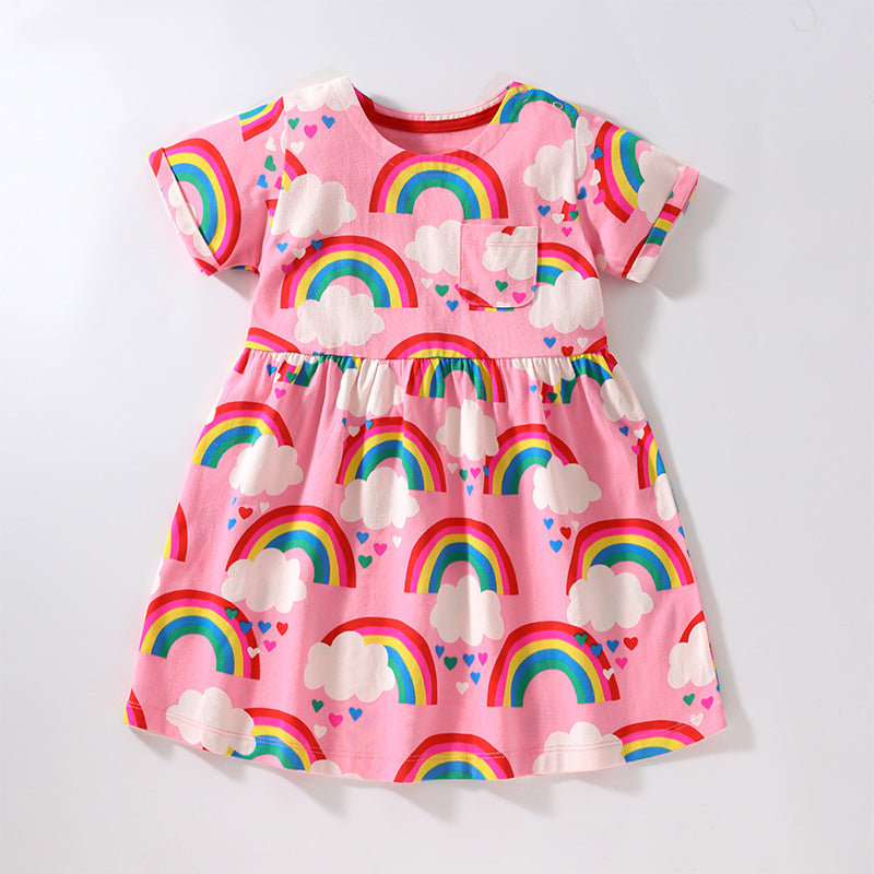 Baby Girl Rainbow Graphic Short Sleeve Round Neck Dress-0