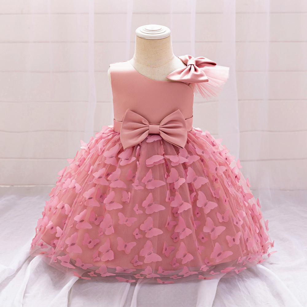 New Design Summer Baby Kids Girls Sleeveless Butterfly Pattern Mesh Bow Tied Strap Dress-3