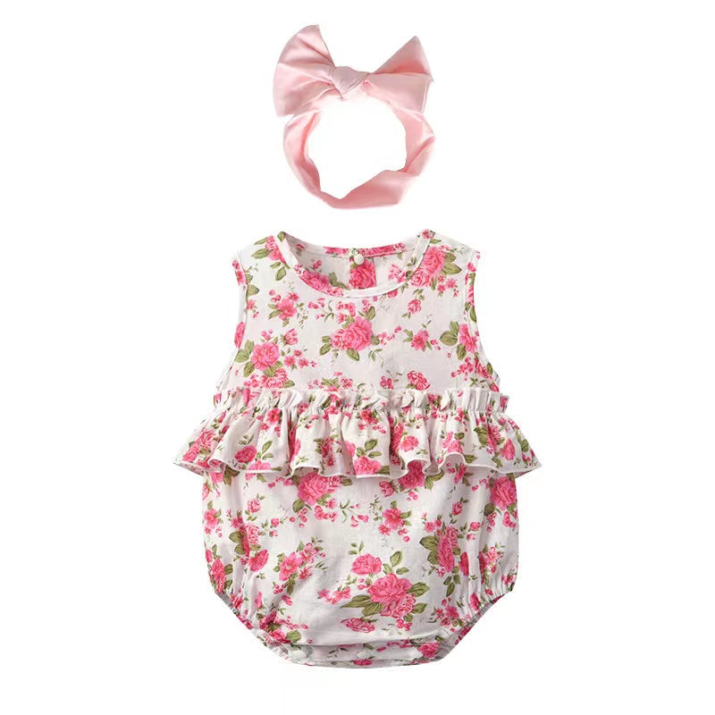 Baby Girl Floral Print Graphic Ruffle Design Sleeveless Onesies & Headband-4