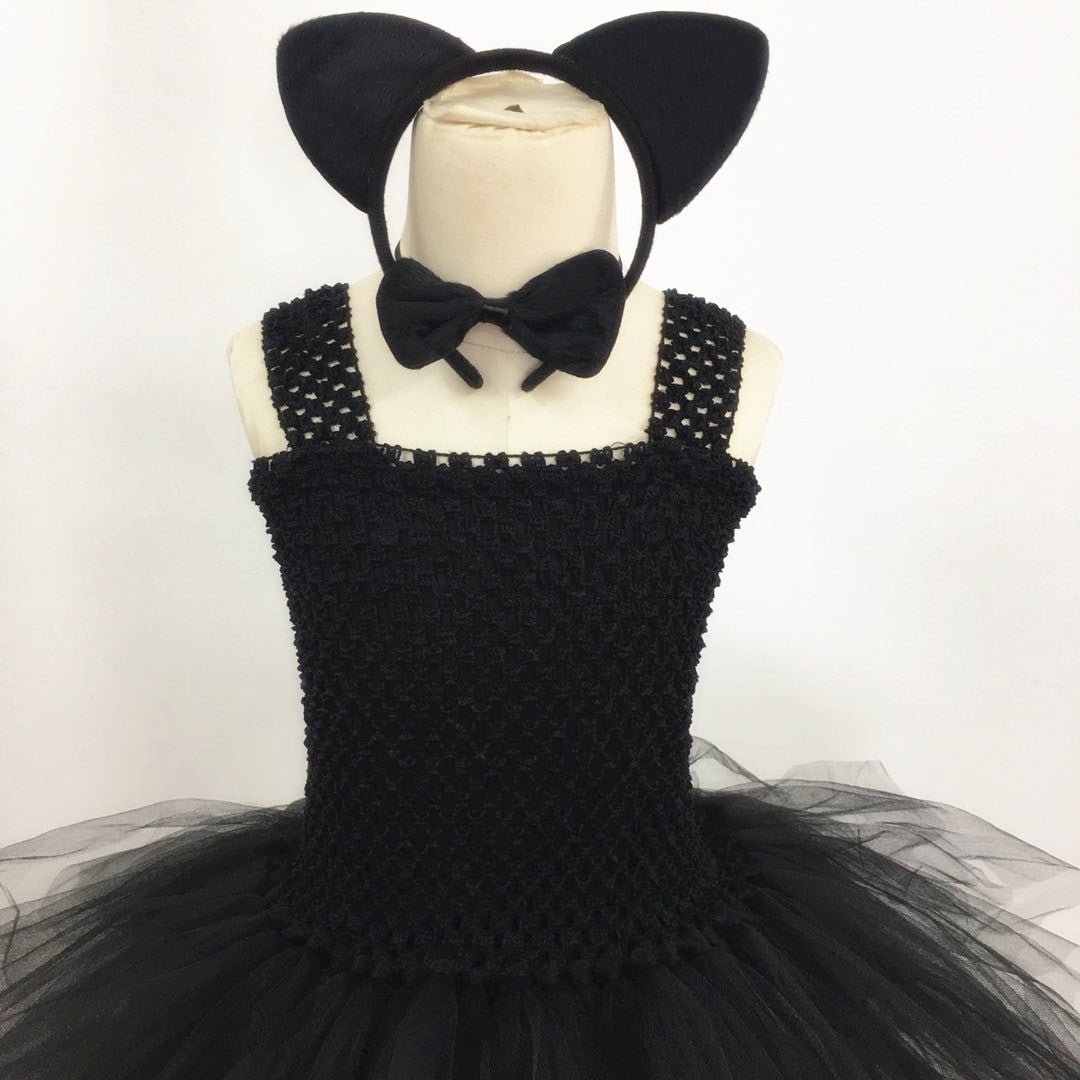 Children’s Halloween Solid Color Cat Costume Mesh Tutu Dress & 1-Piece Jewelry Sets-4
