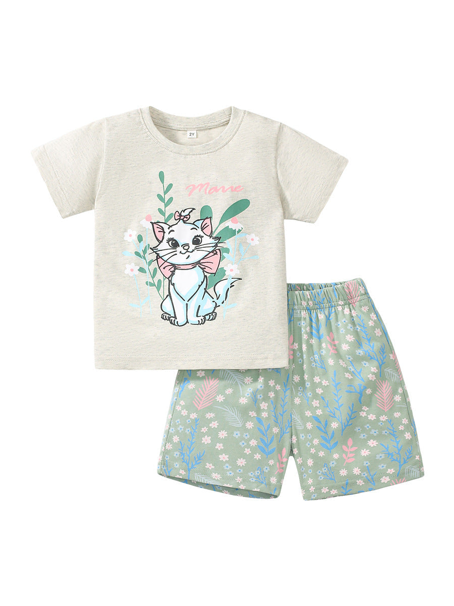 Summer Baby Kids Girls Cat Cartoon Top And Floral Shorts Casual Clothing Set-4
