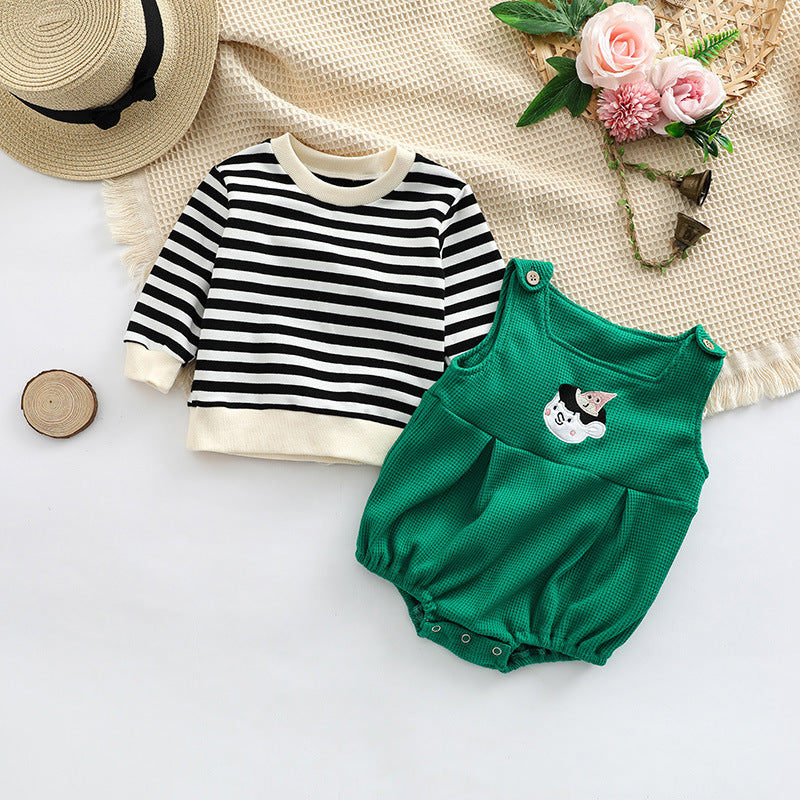 Baby Striped Pattern Shirt Combo Cartoon Graphic Corduroy Fabric Strap Onesies Sets-4