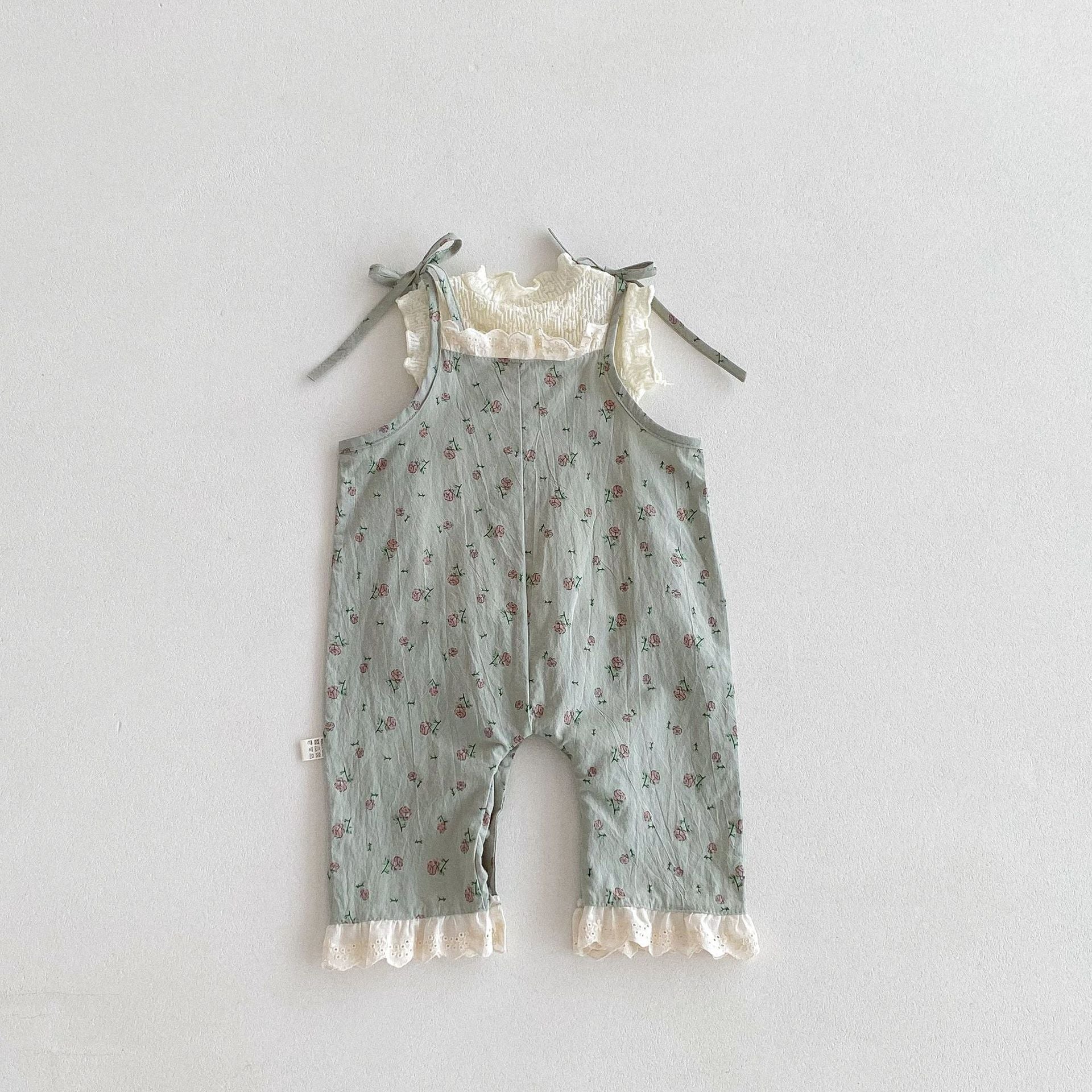 Summer Hot Selling Baby Girls Sleeveless Floral Pattern Strap Romper And Solid Color Embroidery Shirt Clothing Set-4
