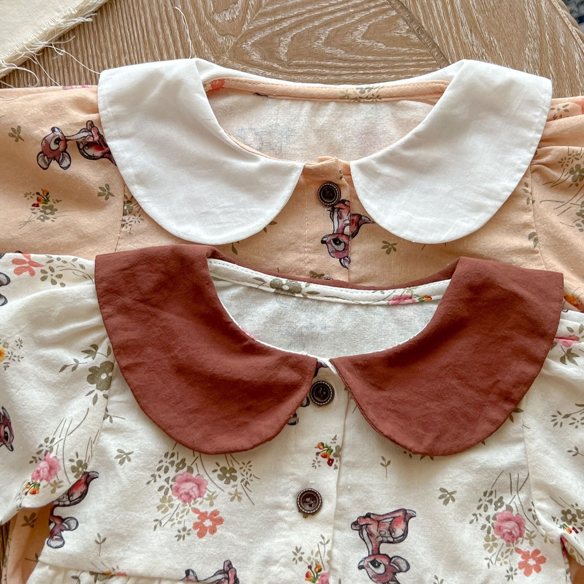 Baby Girl Flower & Deer Pattern Doll Neck Cotton Bodysuit-4