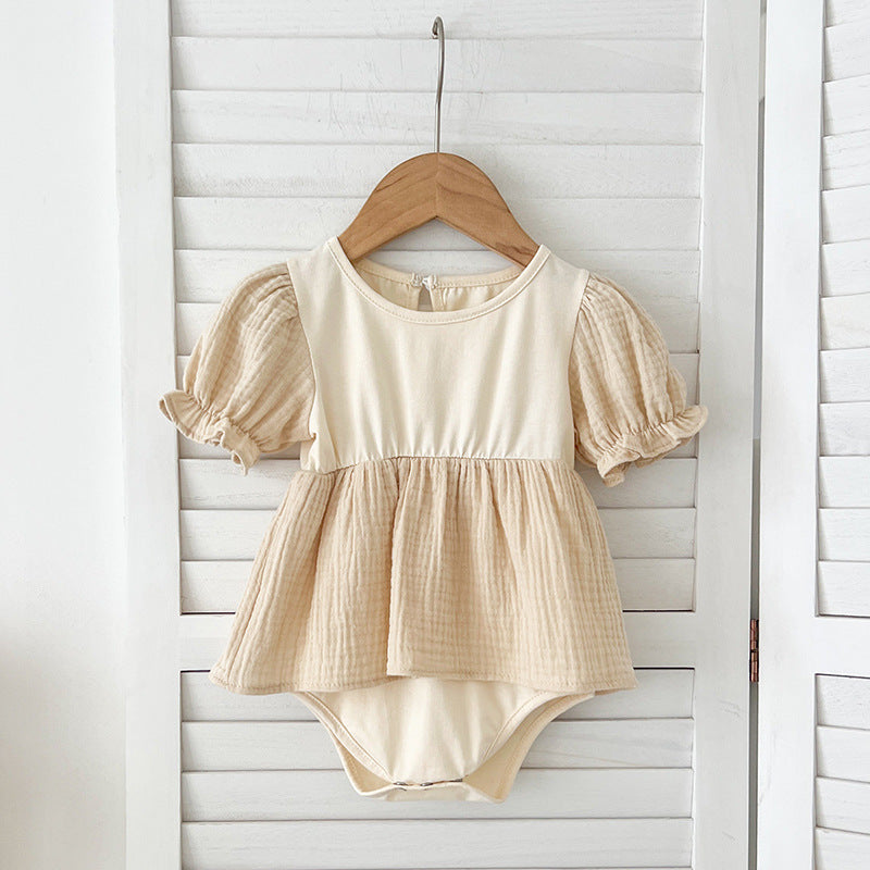 Summer Girls Apricot Patchwork Crew Neck Short Sleeves Onesies And Girls’ Dress – Simple Sister Matching Set-3