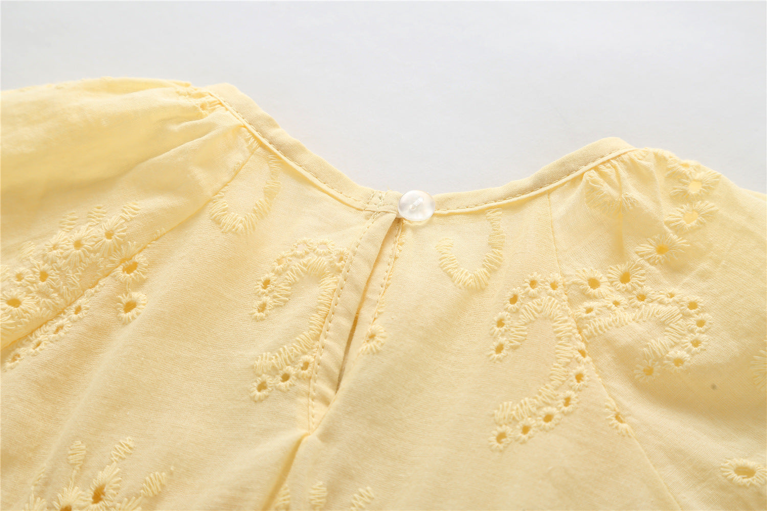 Baby Solid Yellow Hollow Carved Design Long Sleeves Bow Dress & Hat-4