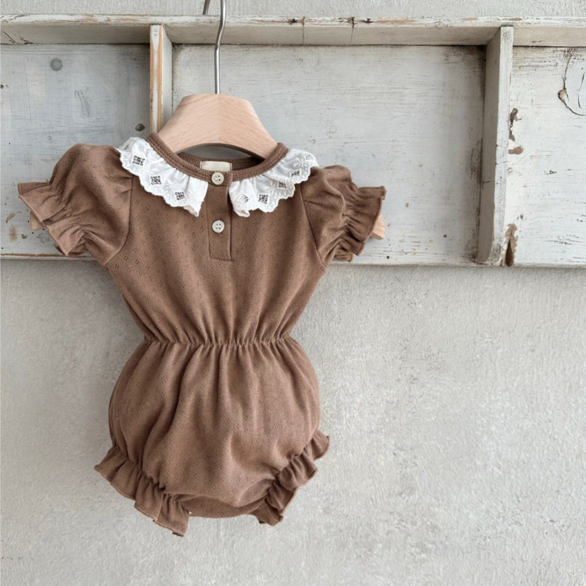 Summer New Arrival Baby Girls Geometric Pattern Collar Short Sleeves Hollow Out Design Onesies-2