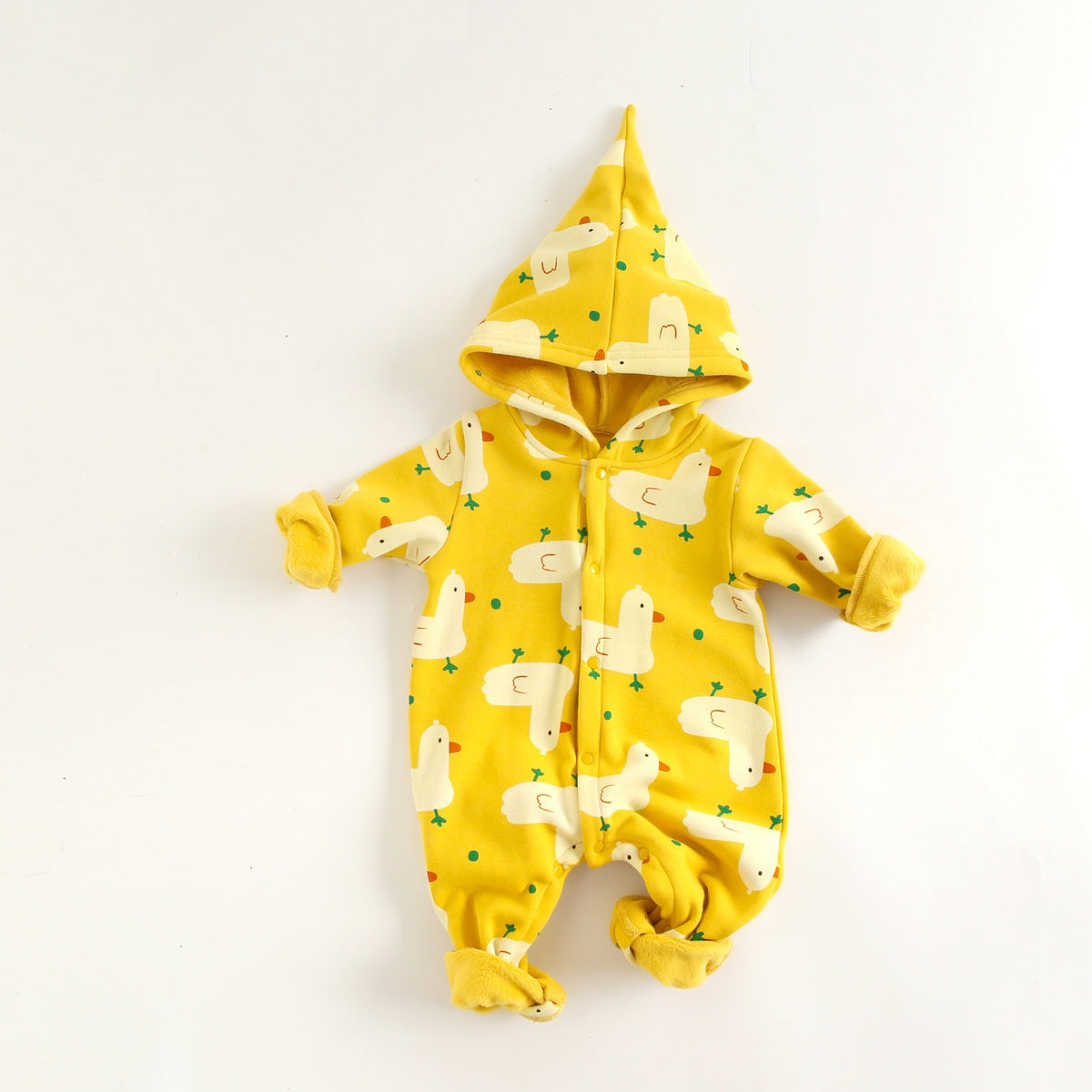 Baby 1pcs Cartoon Duck Print Button Front Rompers & Onesies With Triangle Hats-1