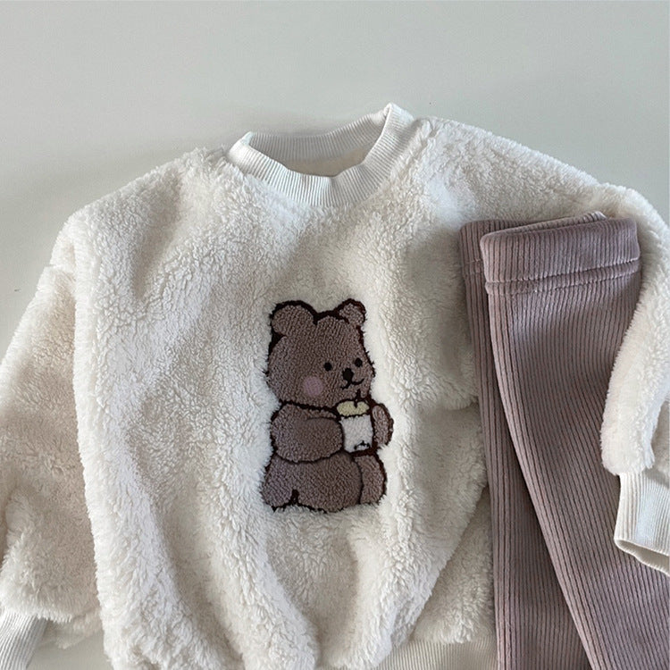 Baby Bear Embroidered Pattern Plush Hoodies Combo Pants Pieces Sets-4
