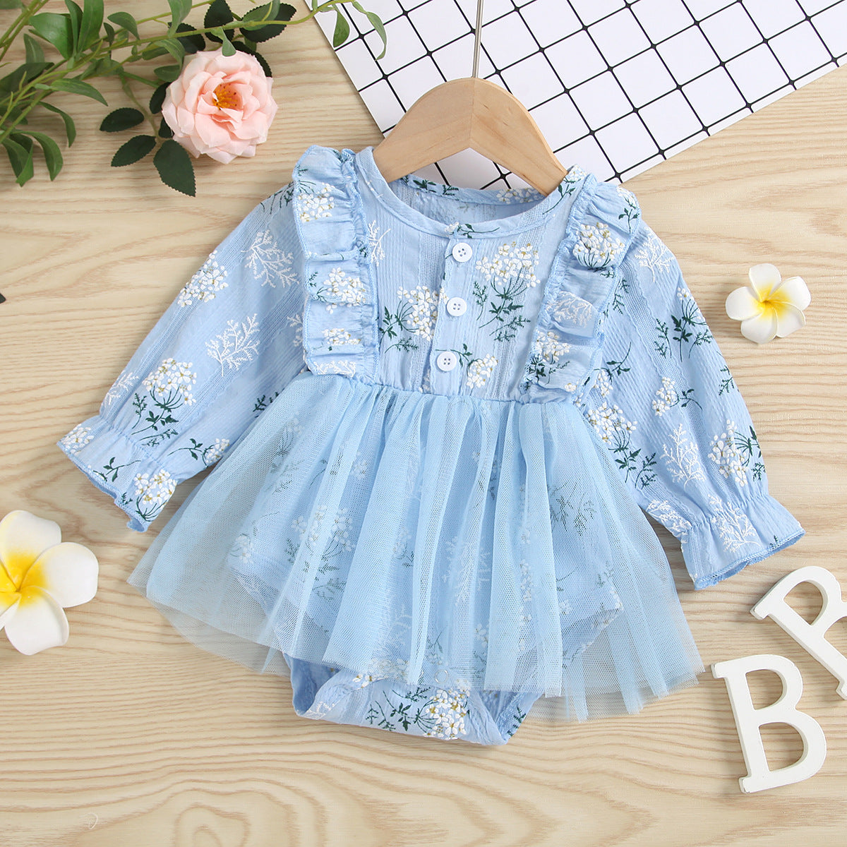 Baby Girl 1pcs Allover Grass Embroidered Graphic Mesh Overlay Dress Longsleeve Onesies-4