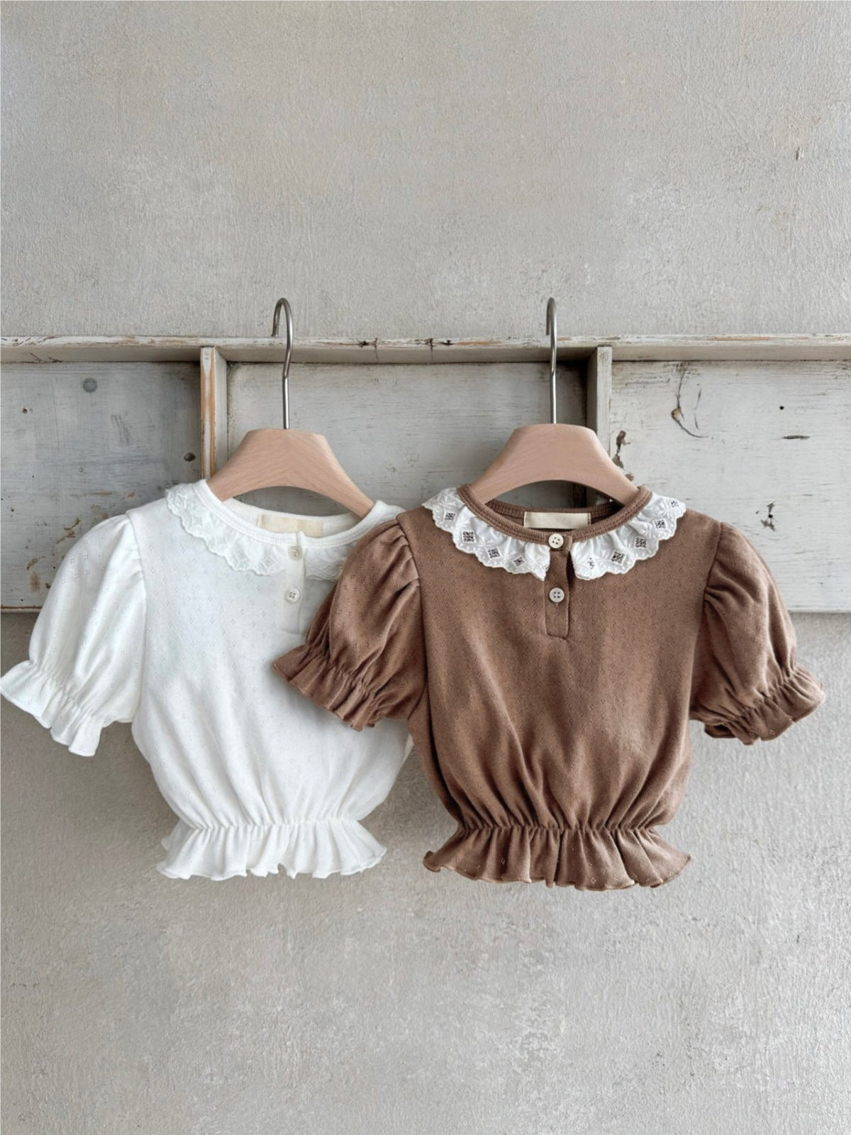 Summer New Design Baby Girl Geometric Pattern Collar Short Puff Sleeves Tops-3