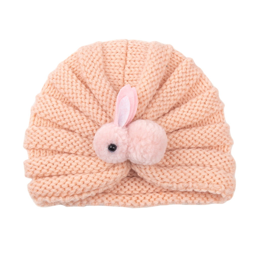 Newborn Baby Solid Color Rabbit Patched Design Wool Knitting Tire Caps-4