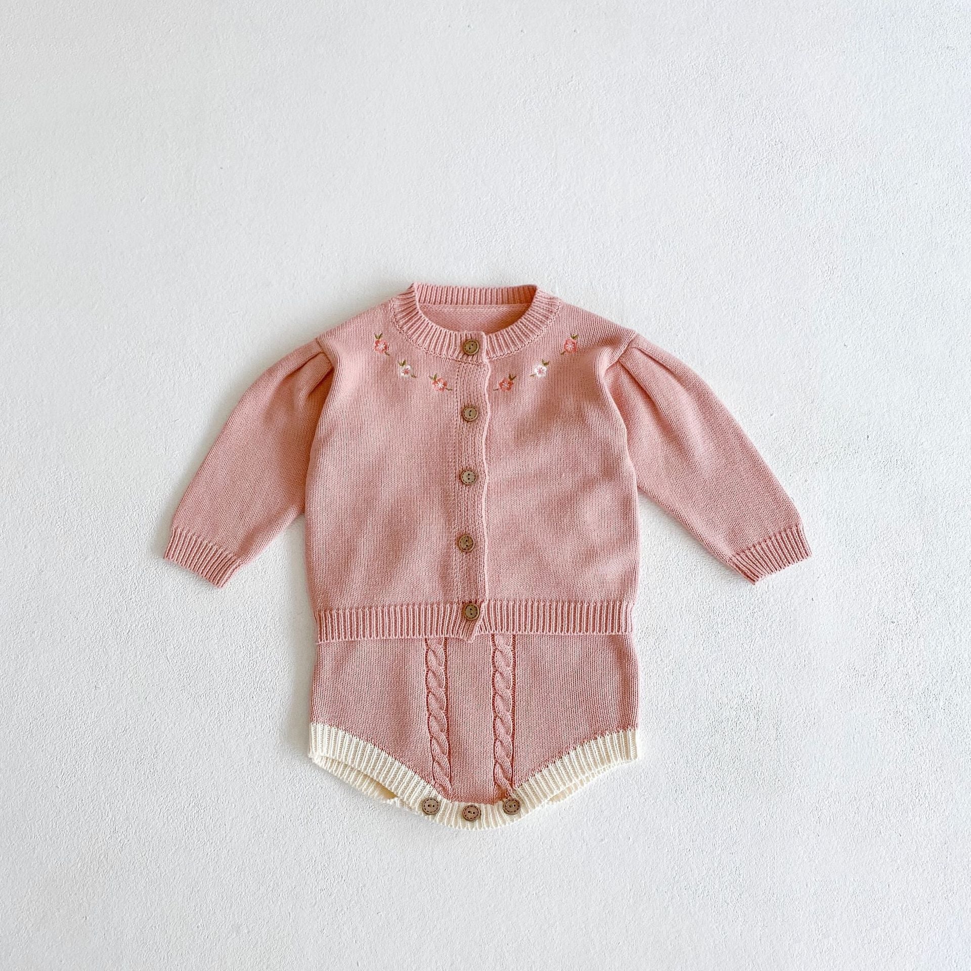 Baby Girl 1pcs Crochet Knitting Graphic Contrast Onesies & Floral Embroidered Cardigan Sets-3