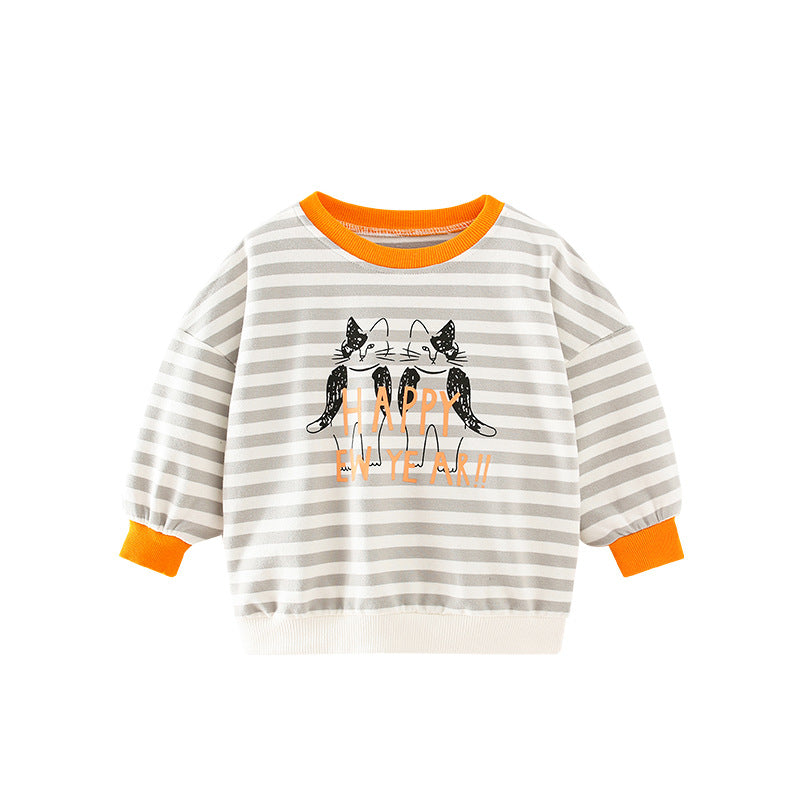 Baby Boy Cartoon Cat & Striped Pattern Colormatching Design Hoodie-0