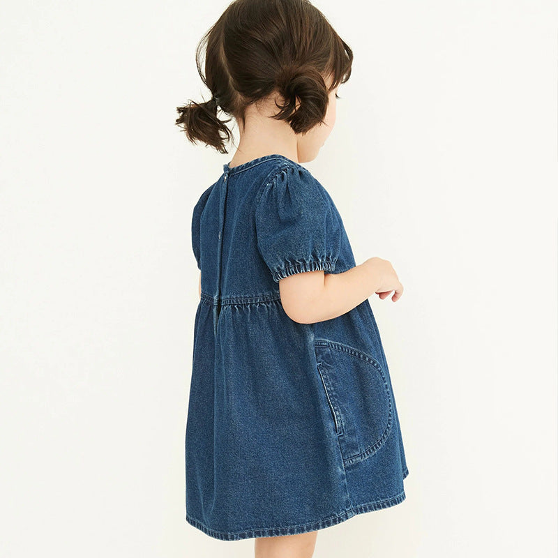 Baby Girl Solid Color Puff Sleeve Loose Denim Dress-4