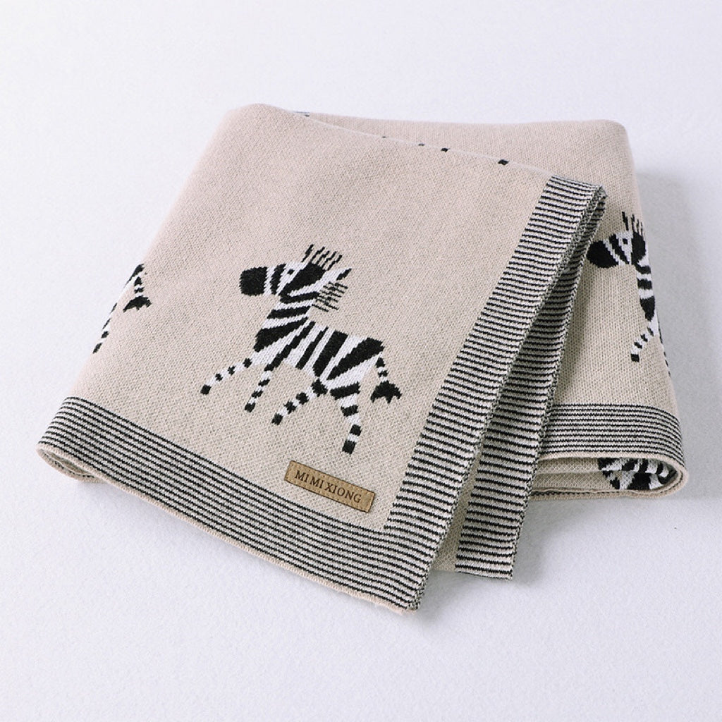 Kids Cartoon Animal Embroidery & Striped Pattern Pure Cotton Blanket-4
