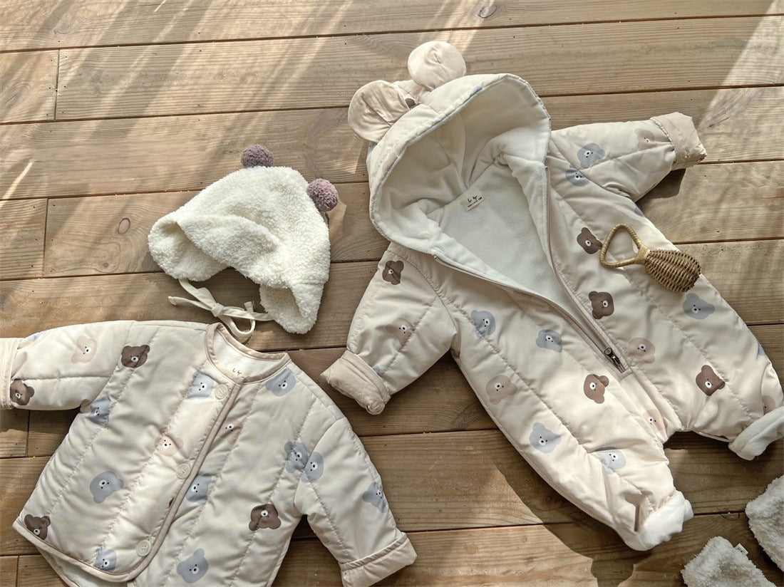 Baby Bear Print Pattern Quilted Warm Coat & Jumpsuit-4