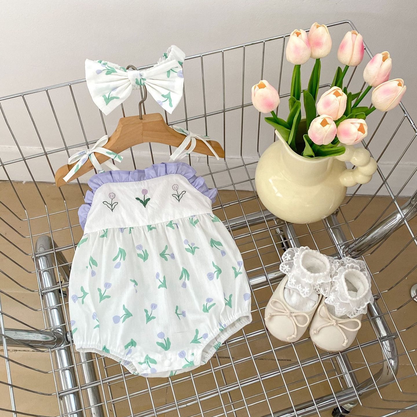 Summer Hot Selling Baby Girls Floral Pattern Sleeveless Strap Onesies-4