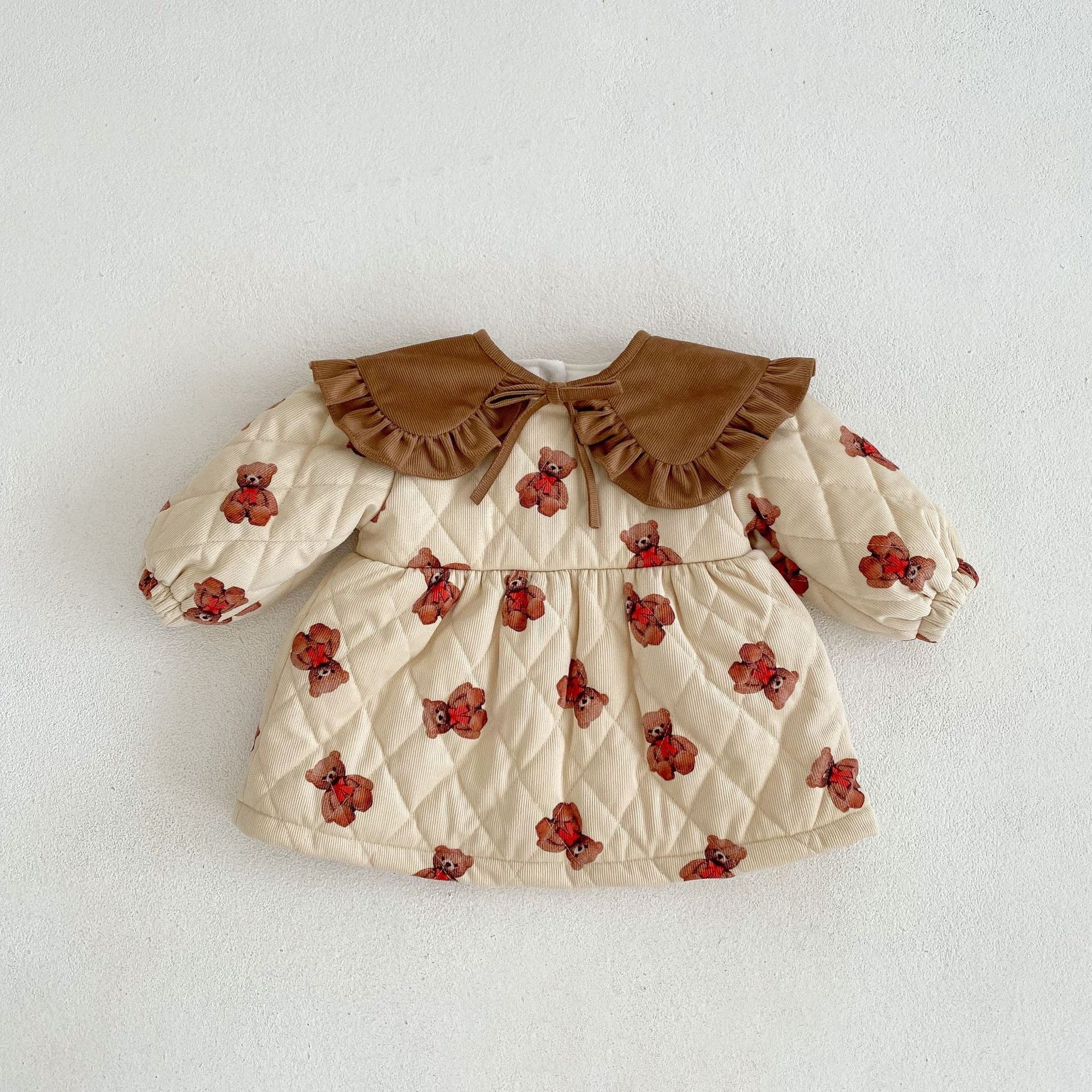 Baby Cartoon Bear Graphic Cute Style Quilted Warm Long Sleeve Dress & Jumpsuit-4