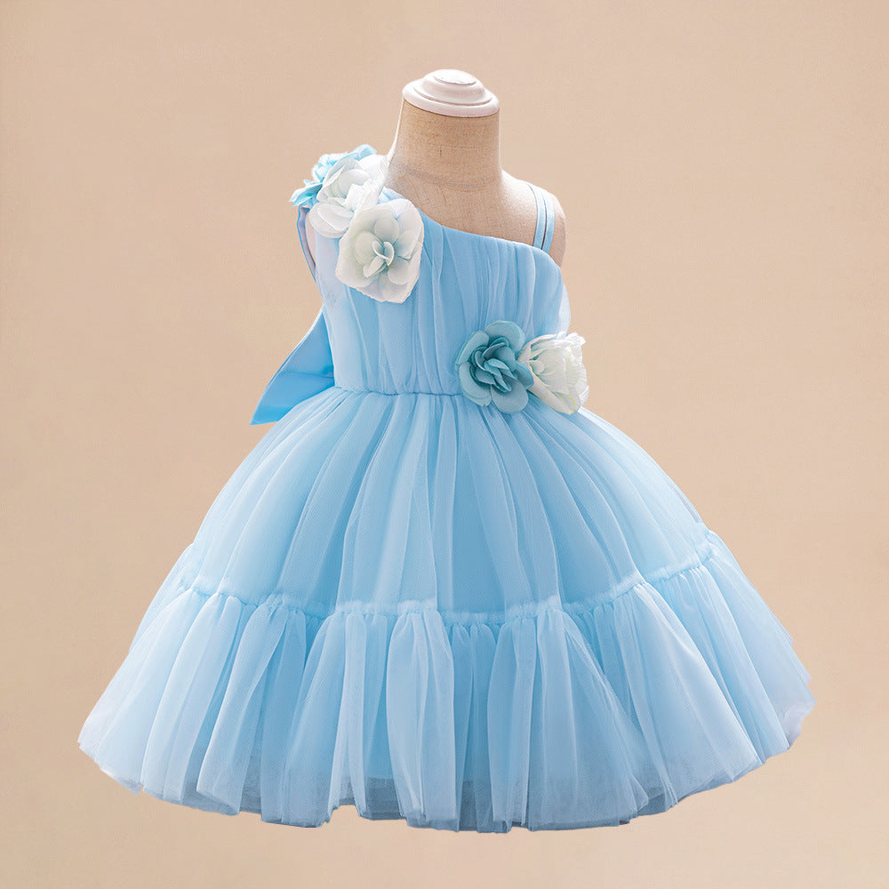 Summer Baby Kids Girls Princess Sleeveless 3D Flowers Birthday Tulle Dress-3