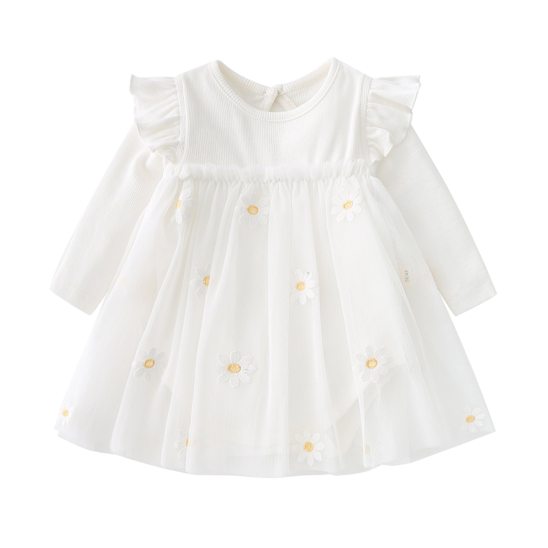 Baby Girls Floral Lace Patchwork Design Ruffle Long-Sleeved Dress Onesies In Spring & Autumn-2