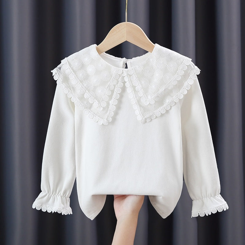Baby Girl Solid Color Mesh Doll Neck Lapel Quality Shirt-0