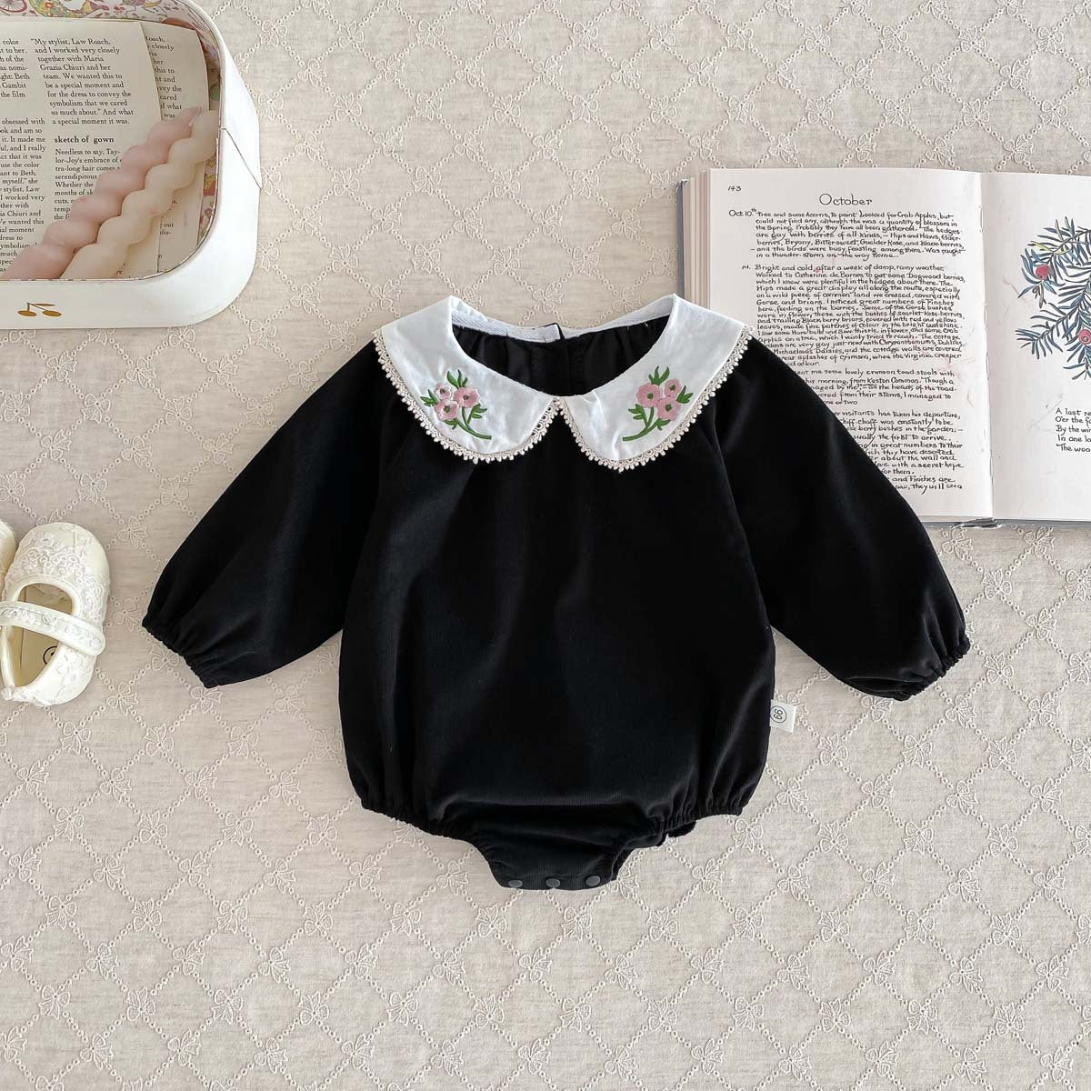 Newborn Baby Girls Peter Pan Floral Collar Long Sleeves Solid-4