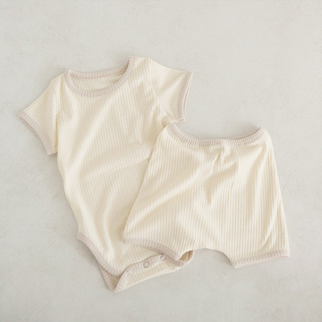 Baby Unisex Solid Color Comfy Cotton Onesies & Shorts Sets With Headband-5