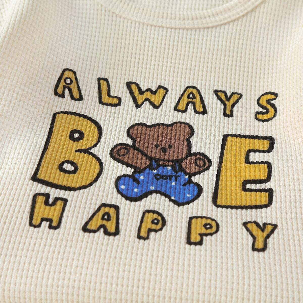 Baby Cartoon Bear & Slogan Pattern Waffle Fabric Tops Combo Solid Shorts 1-Piece Sets-5