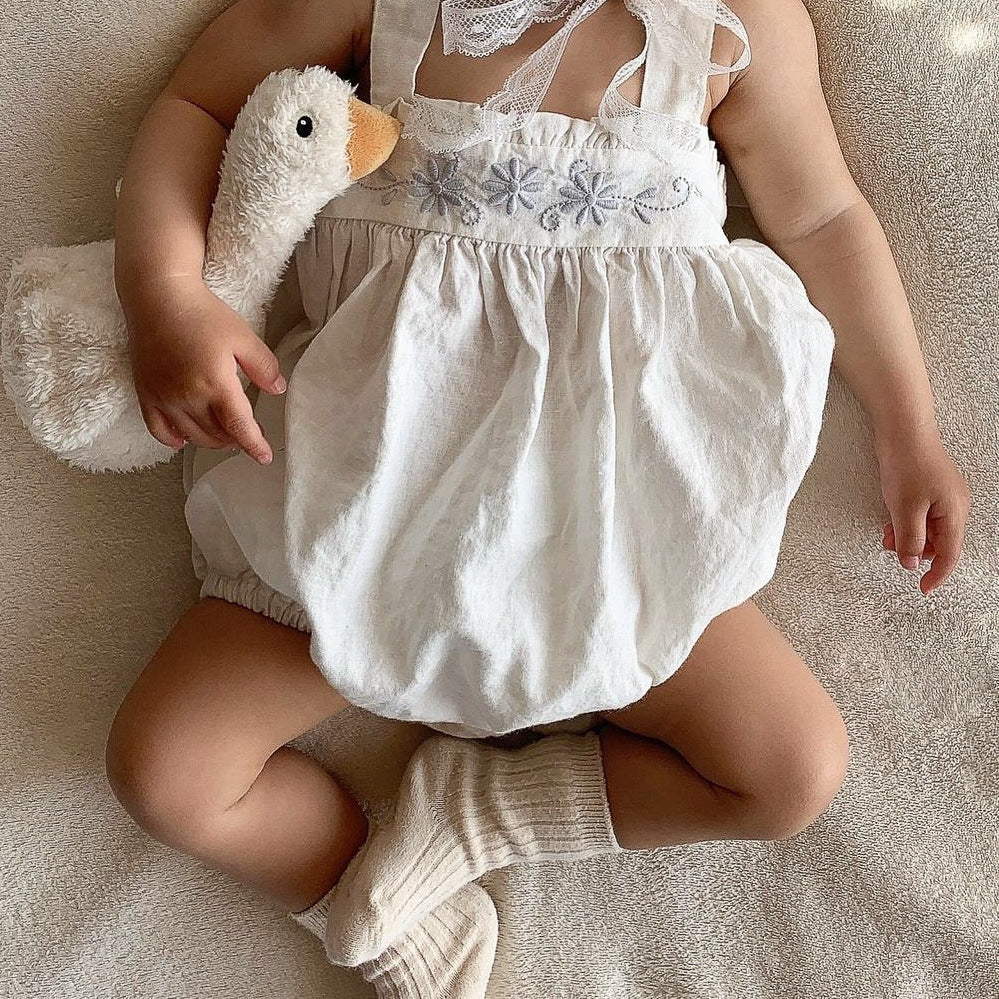 Baby Solid Color Embroidered Pattern Loose Dress & Onesies With Hat-5