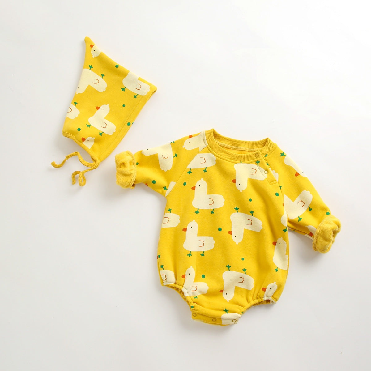 Baby 1pcs Cartoon Duck Print Button Front Rompers & Onesies With Triangle Hats-2