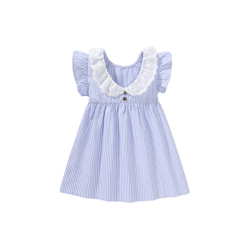 Spring And Summer Baby Girls Ruffle Collar Short Sleeves Striped Dress-5