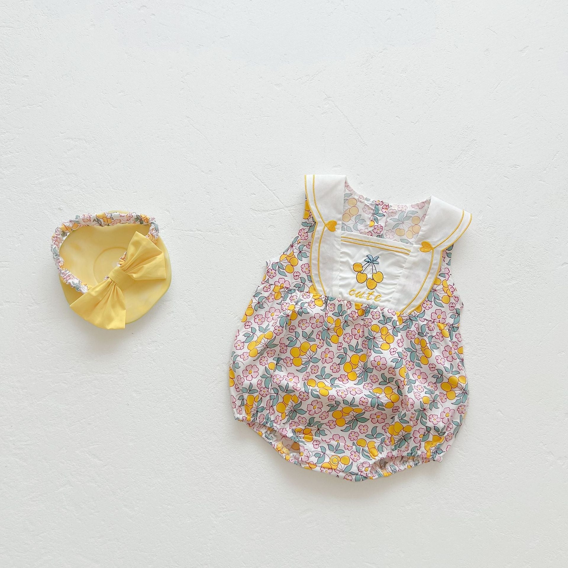 Baby Girl Floral Print Pattern With Headband Sleeveless Onesie-4