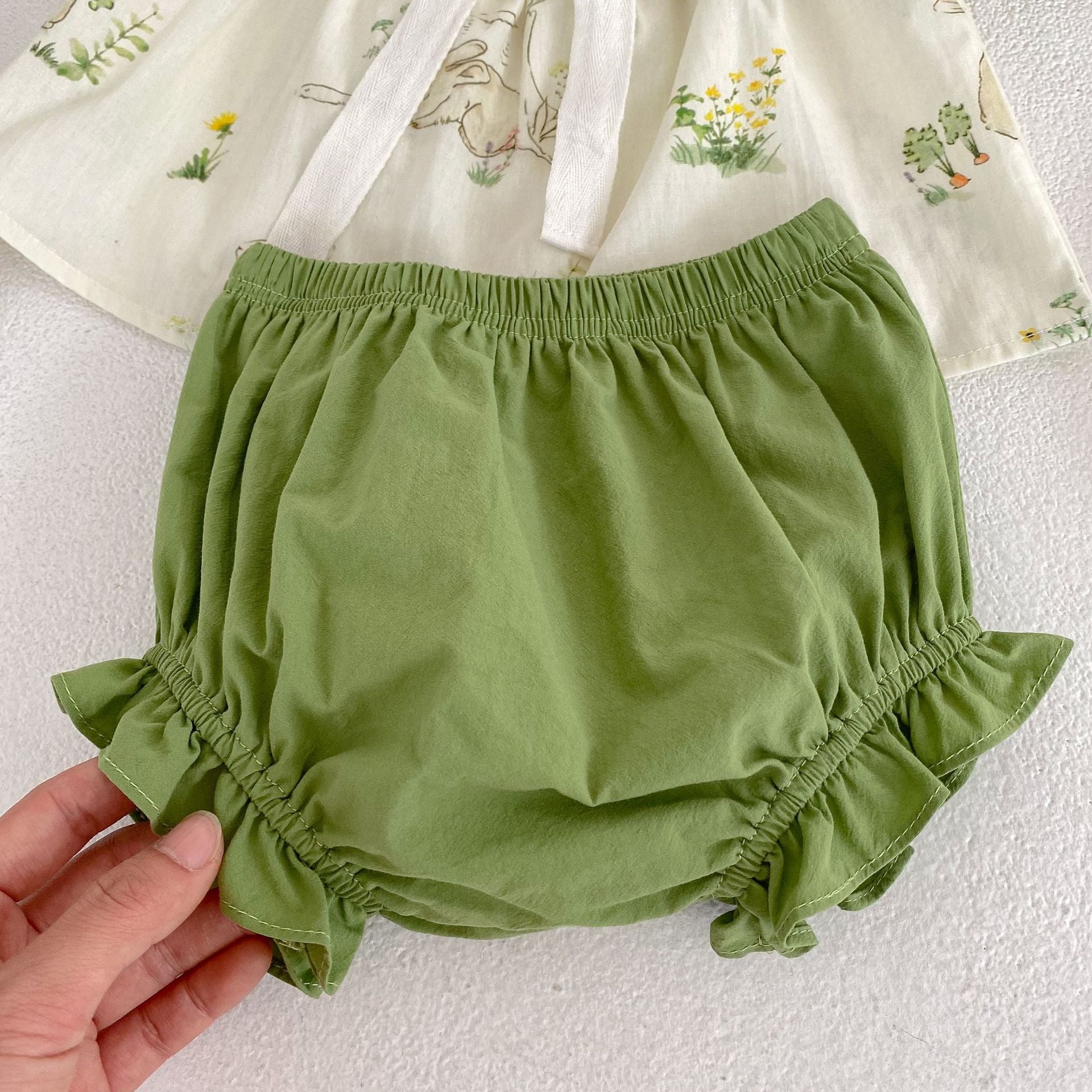 Bunny Pattern Square Neck Bow Tie Puff Sleeve Onesies & Sets-5