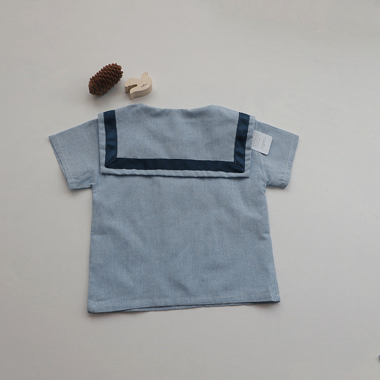 Baby Girl 1pc Contrast Tape Lapel Tops & Shorts Navy Style College Sets-5