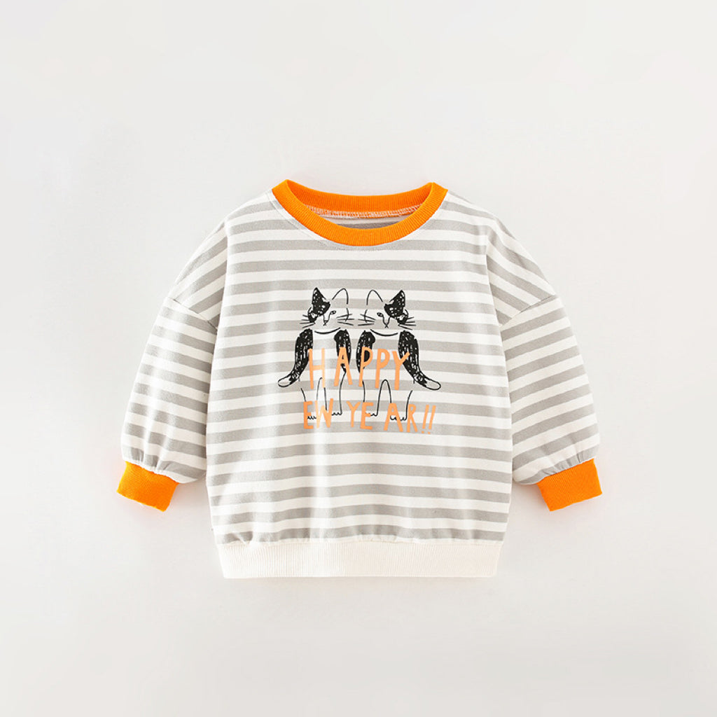 Baby Boy Cartoon Cat & Striped Pattern Colormatching Design Hoodie-4