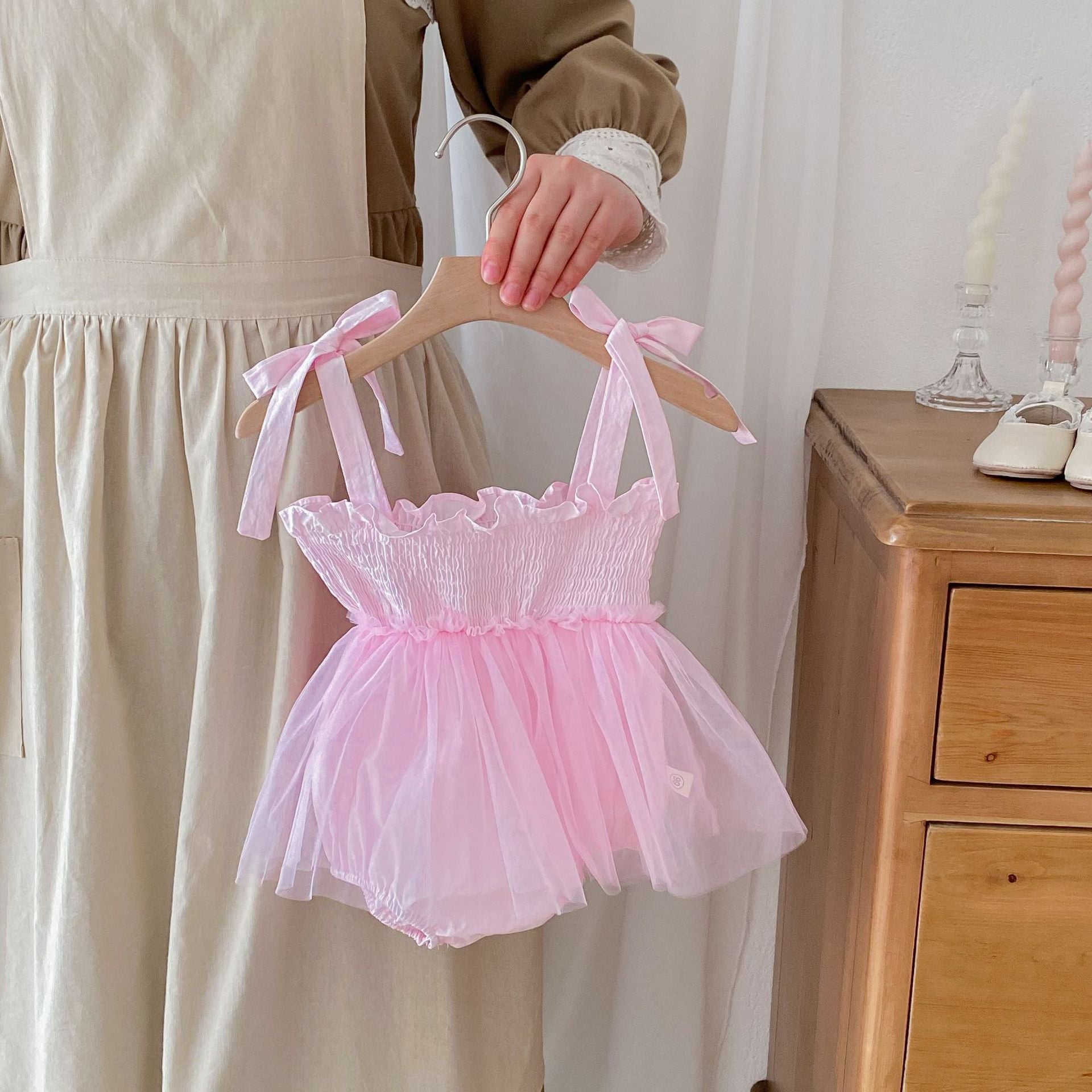 Summer New Arrival Baby Girls Sleeveless Solid Color Pleated Strap Tulle Onesies Dress-4