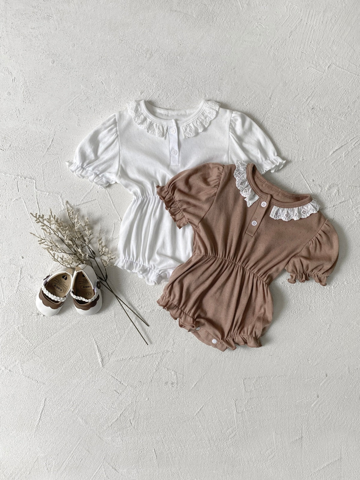 Summer New Arrival Baby Girls Geometric Pattern Collar Short Sleeves Hollow Out Design Onesies-4
