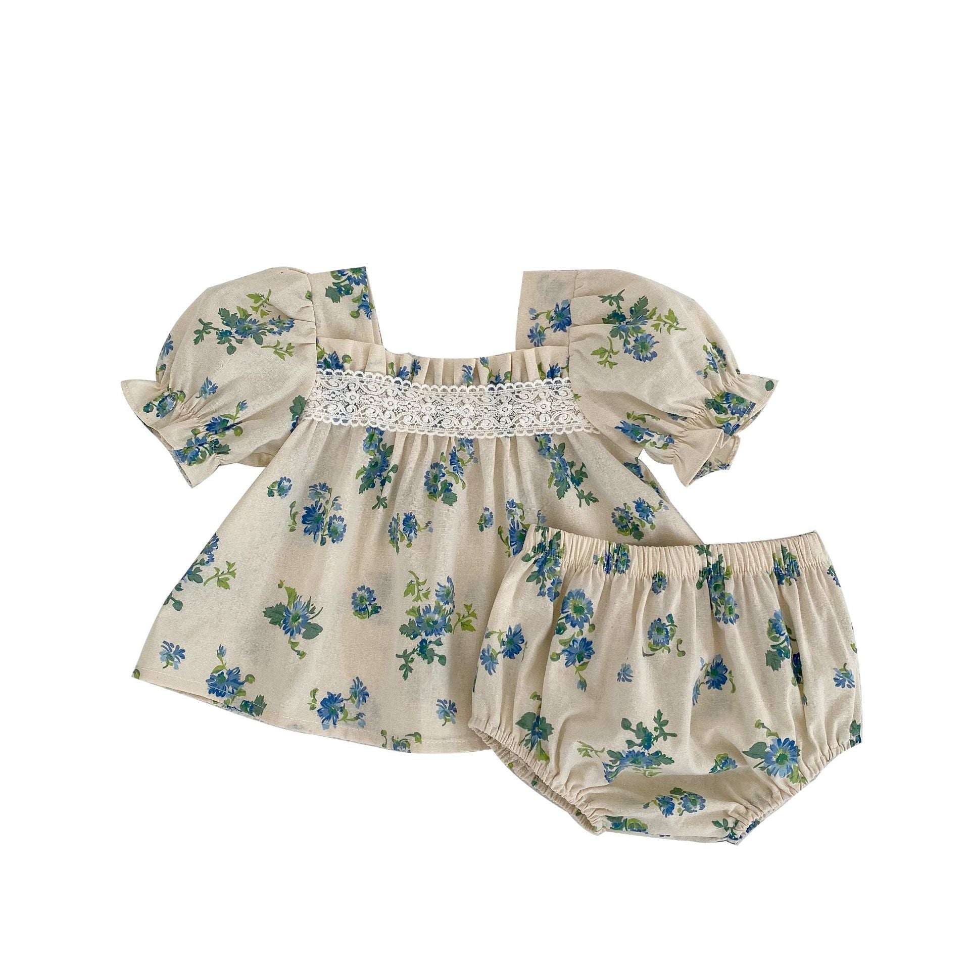 Baby Ditsy Flower Graphic Mesh Patchwork Design Square Neck Sets-4