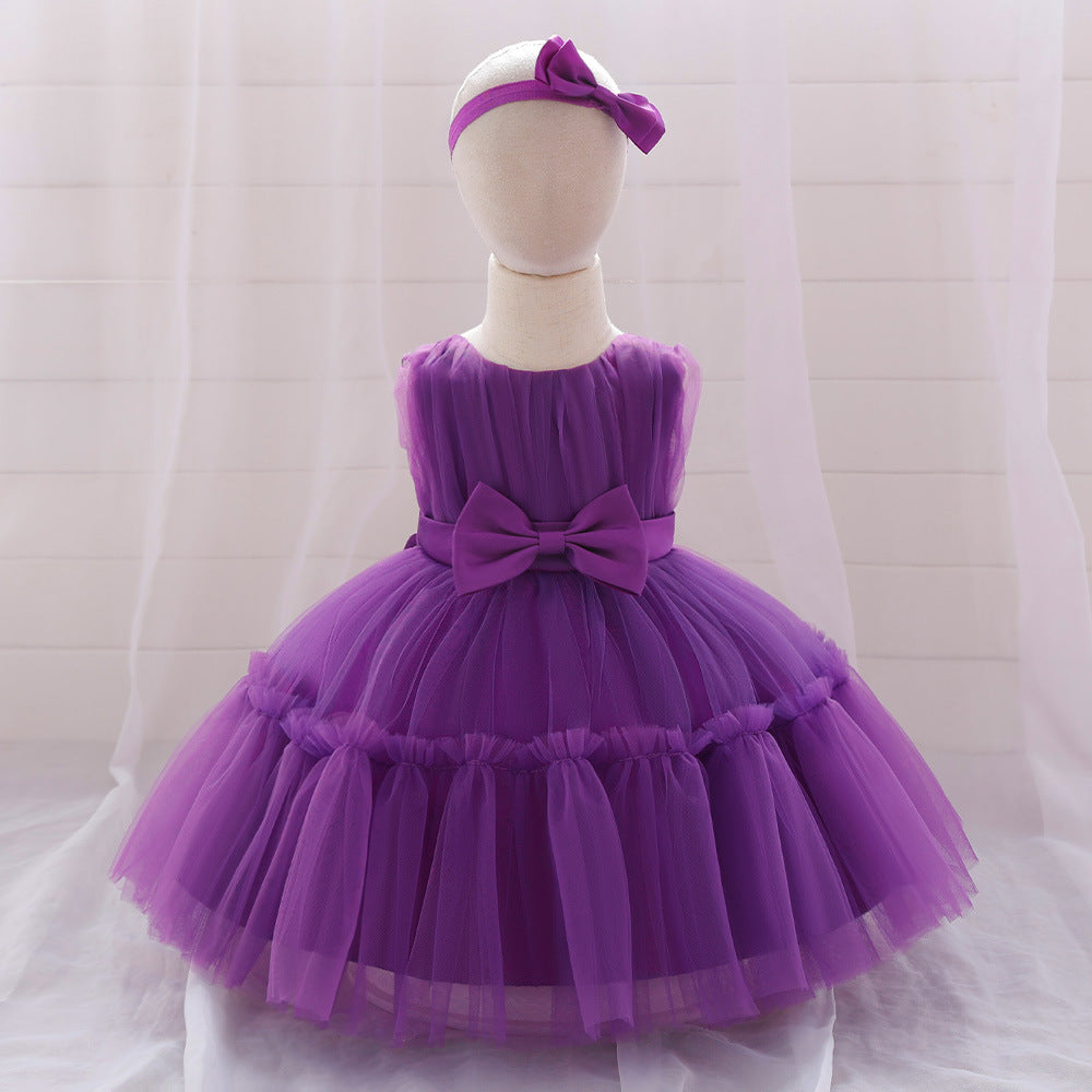 New Arrival Summer Baby Kids Girls Sleeveless Solid Color Ruffle Mesh Bow Tied Dress-4