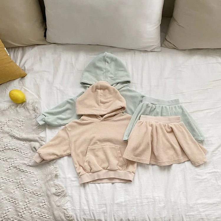 Baby Girl Solid Color Soft Cotton Hoodie With Skirt Sets-0