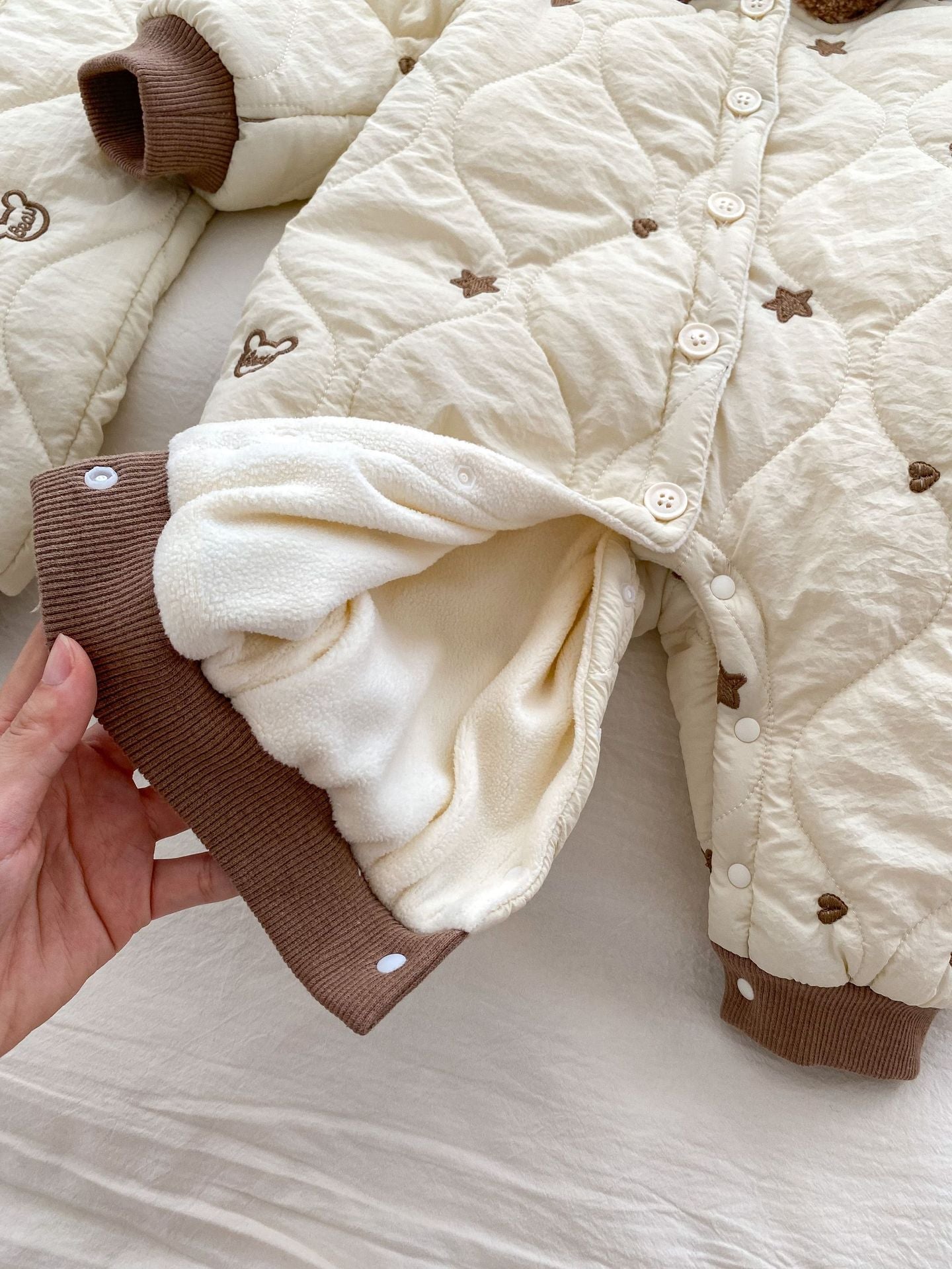 Infant Baby Star Embroidery Thicken Long Sleeve Jumpsuit In Winter-6