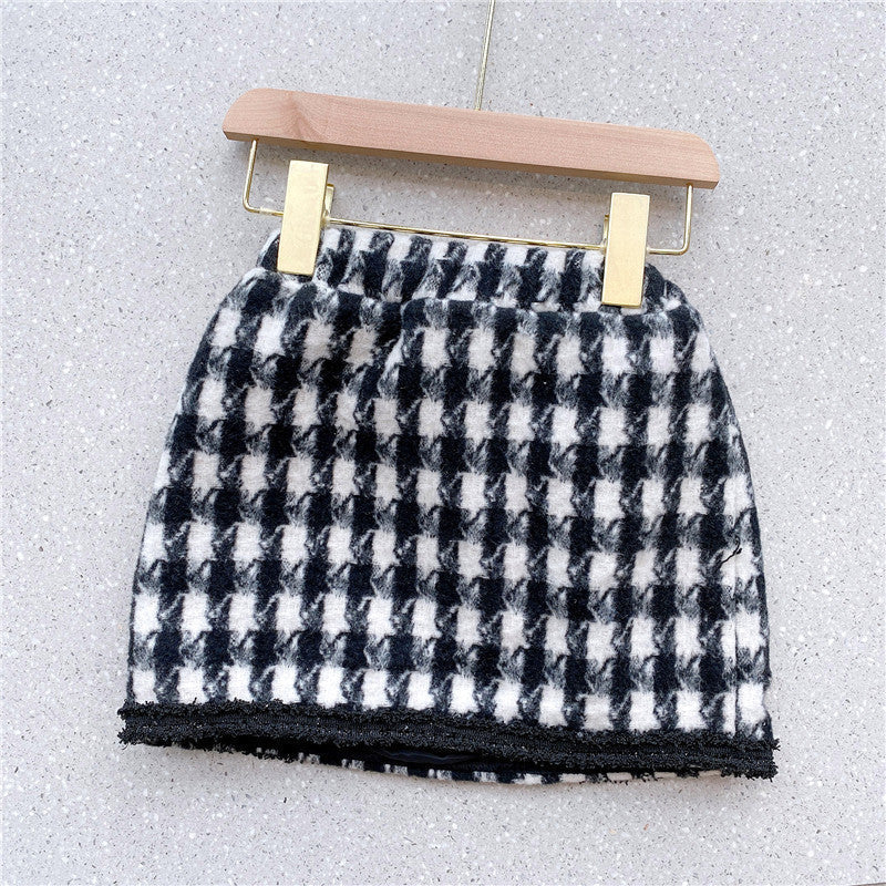 Girls Houndstooth Pattern Single Breasted Cardigan&Skirt Elegant Style Sets-5