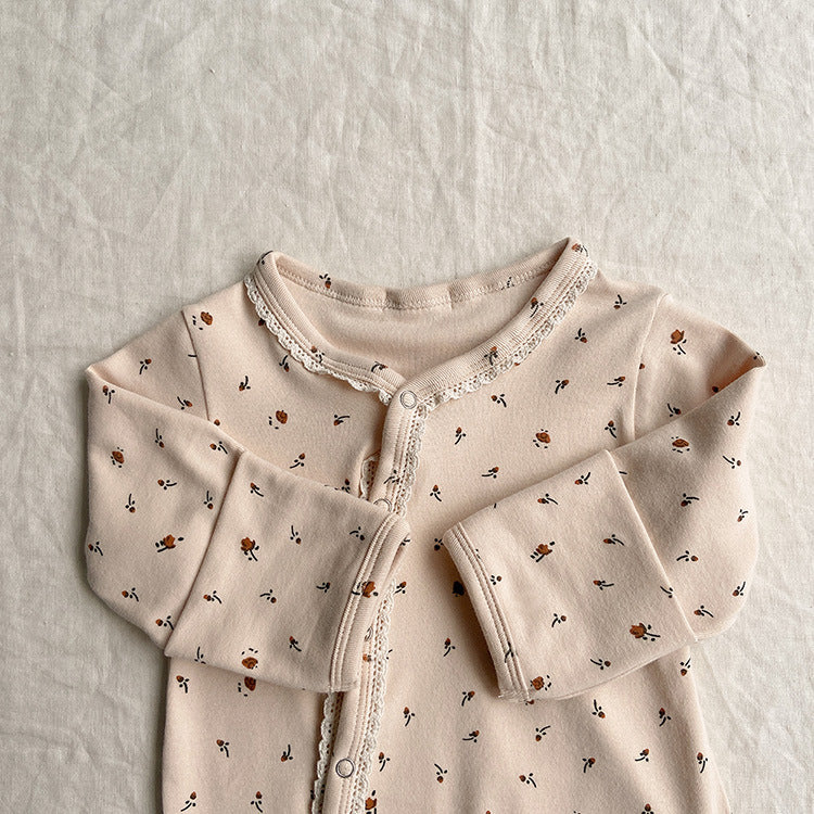 Baby Flower Pattern & Solid Color Lace Design Button Front Jumpsuit-5