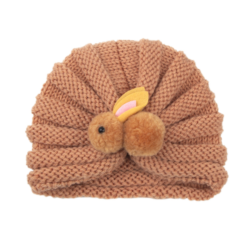 Newborn Baby Solid Color Rabbit Patched Design Wool Knitting Tire Caps-5