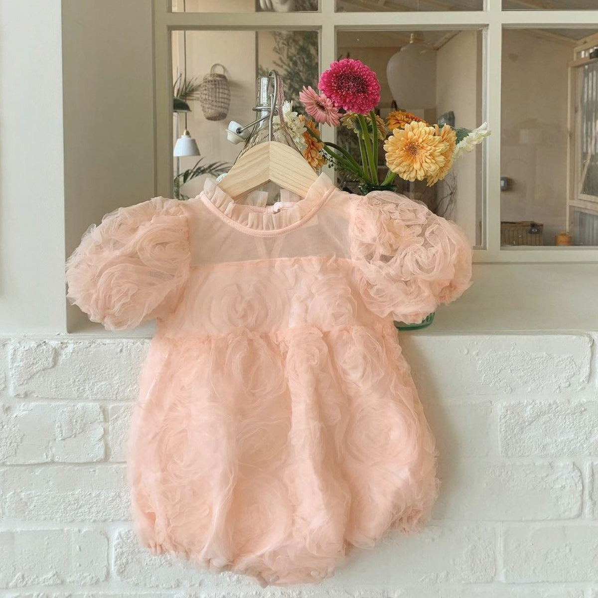 Summer Hot Selling Baby Kids Girls Short Sleeves Ruffle Neck Thin Floral Mesh Princess Dress-5