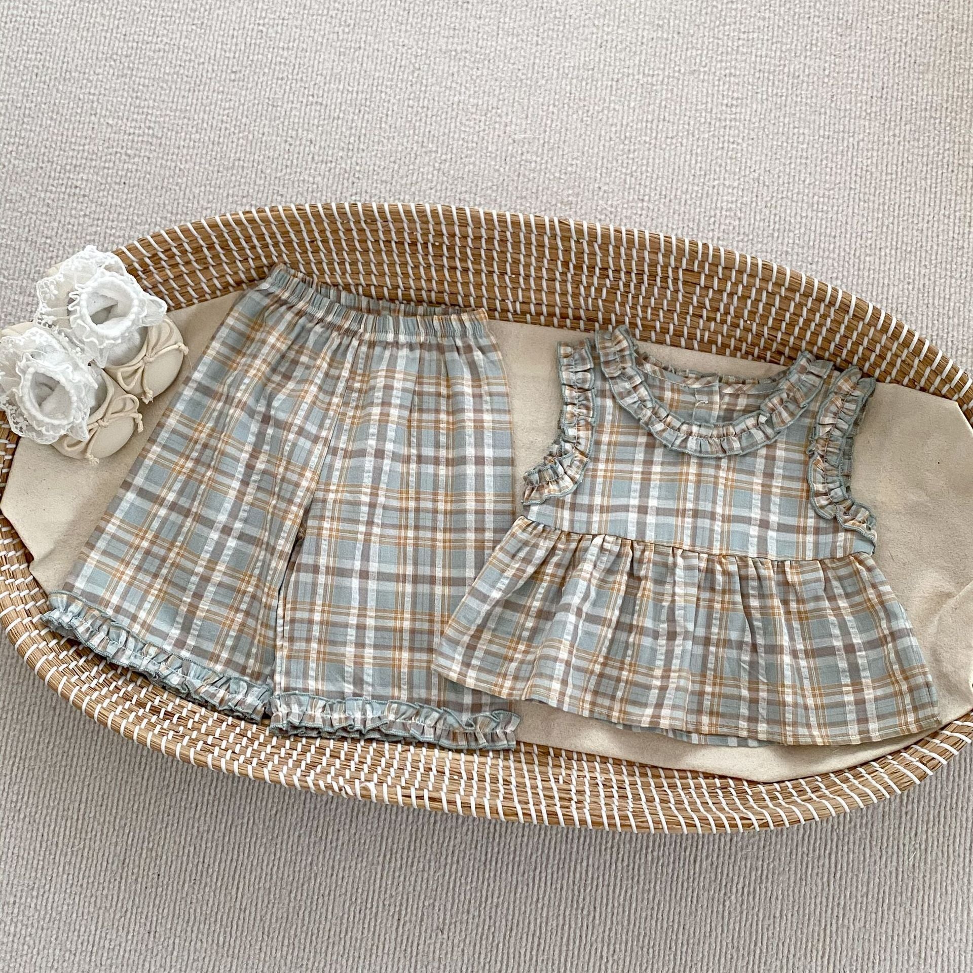 Summer Baby Kids Girls Plaid Sleeveless Vest And Shorts Casual Clothing Set-4