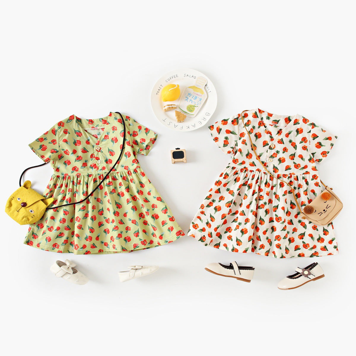 Summer New Arrival Baby Girls Elegant Floral Pattern Short Sleeves V Neck Dress-0